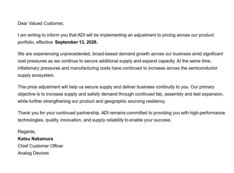 ADI customer letter specifying September 13, 2026 pricing adjustments