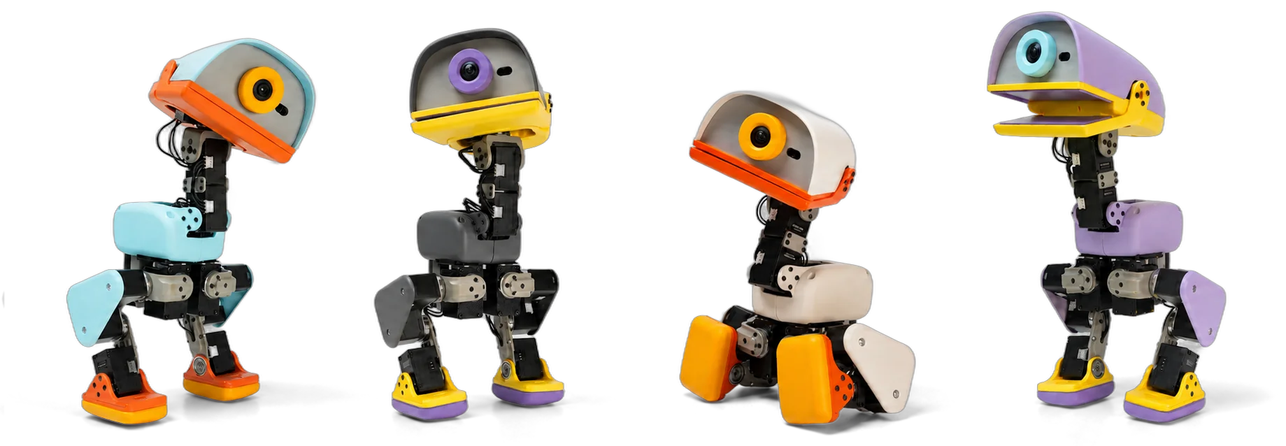 Four Microduck robots showing different shell colours and poses