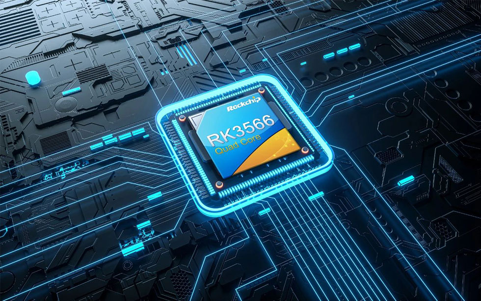 Promotional illustration labelled Rockchip RK3566 Quad Core