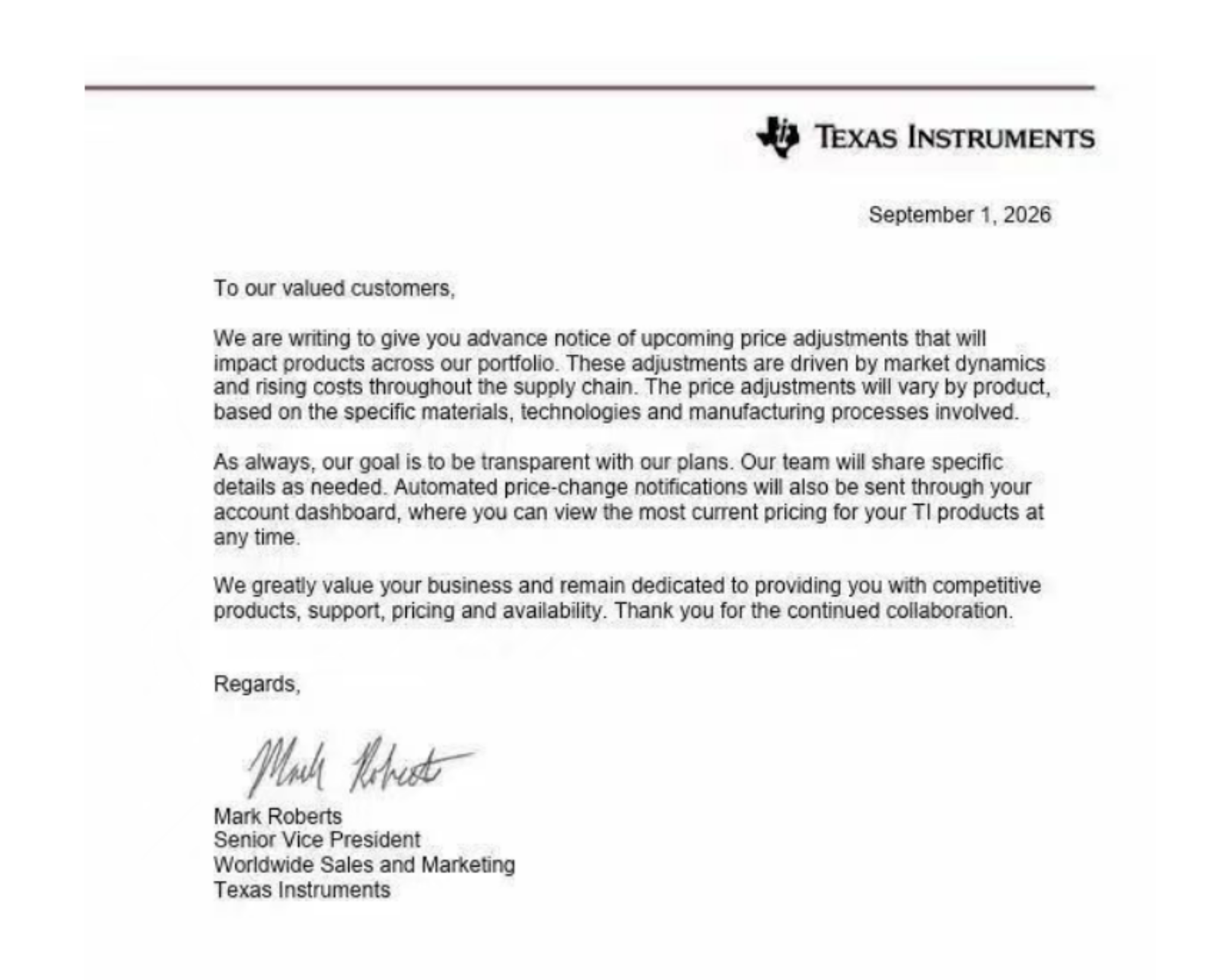 User-supplied copy of the TI customer pricing letter dated September 1, 2026