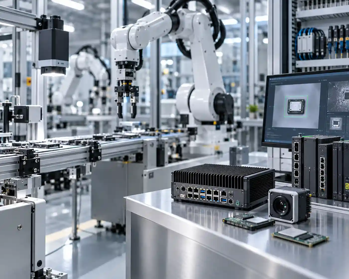 Industrial robot, machine vision camera and embedded computers on an automated production line