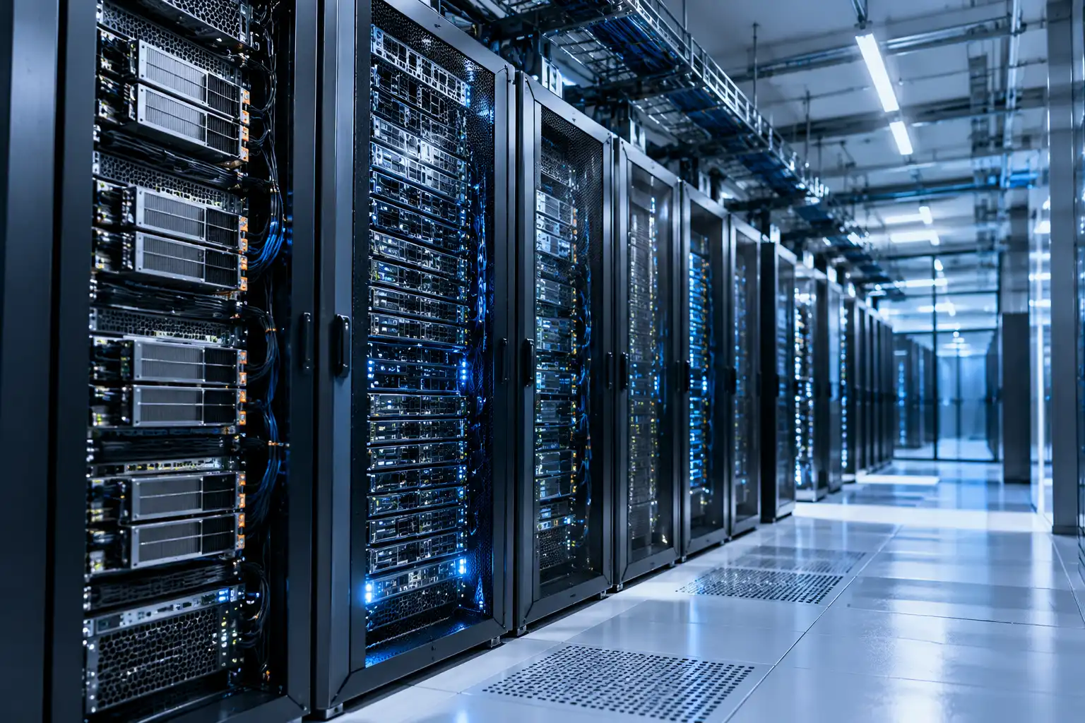 Rows of high-density server racks inside a data center.