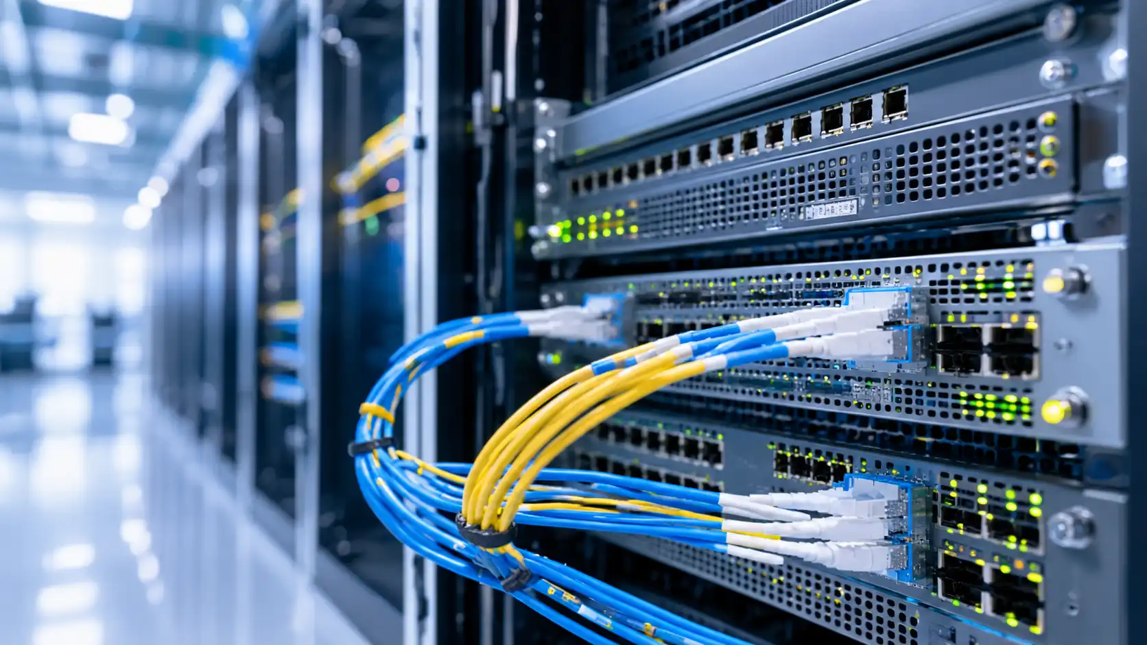 Network switches with connected fiber cables and rows of active ports.