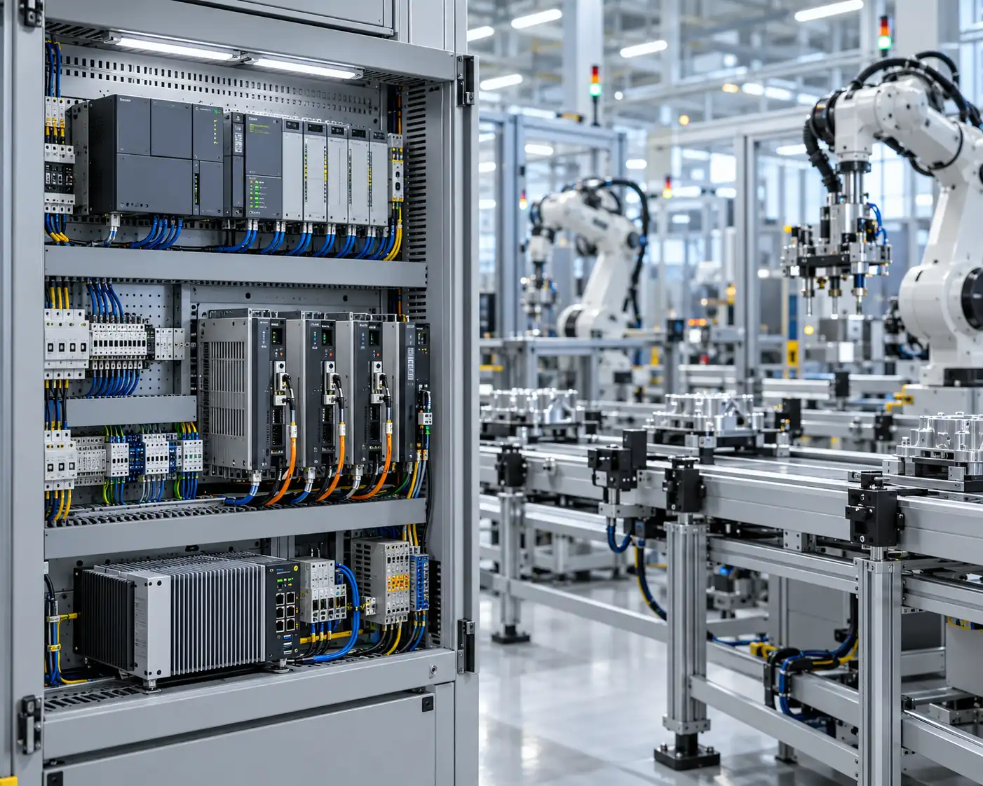 Industrial control cabinet with controller modules beside automated production equipment.