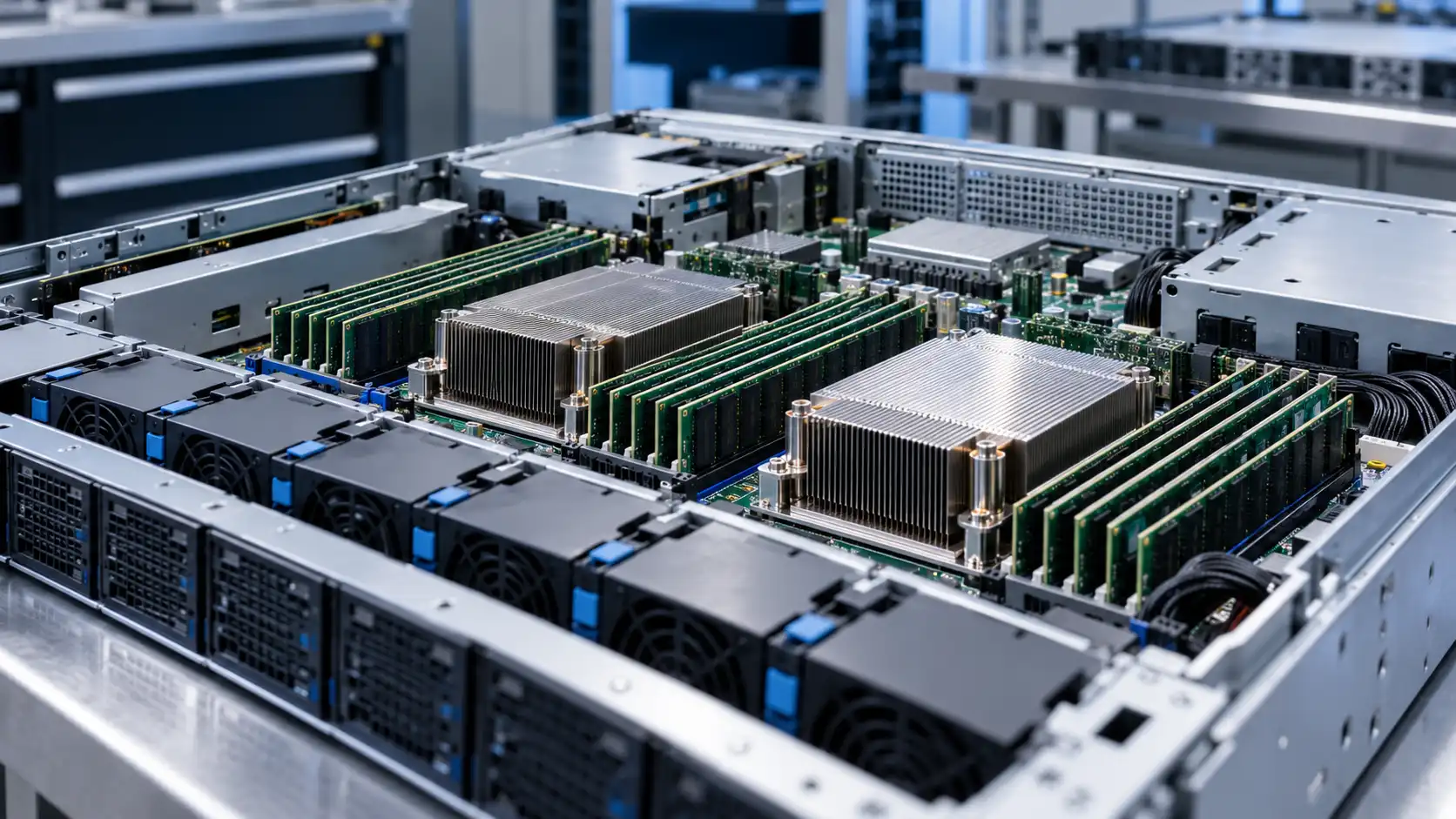 Open rackmount server chassis with processor heat sinks and rows of memory modules.