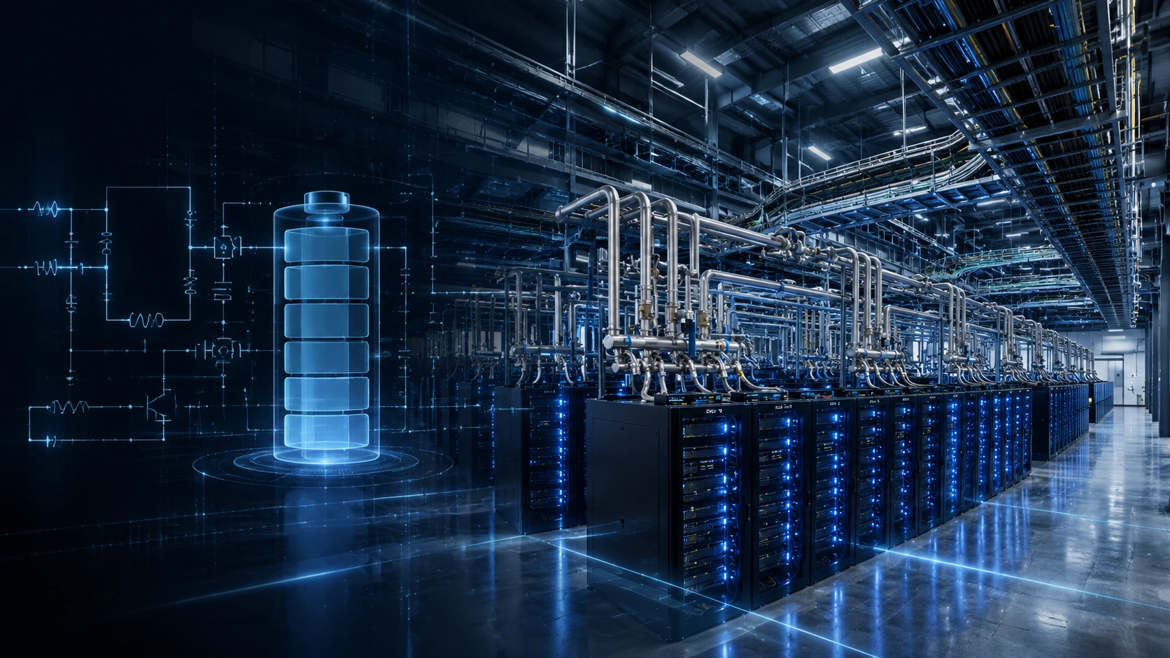 Server racks in a data center with an illuminated power-system diagram.