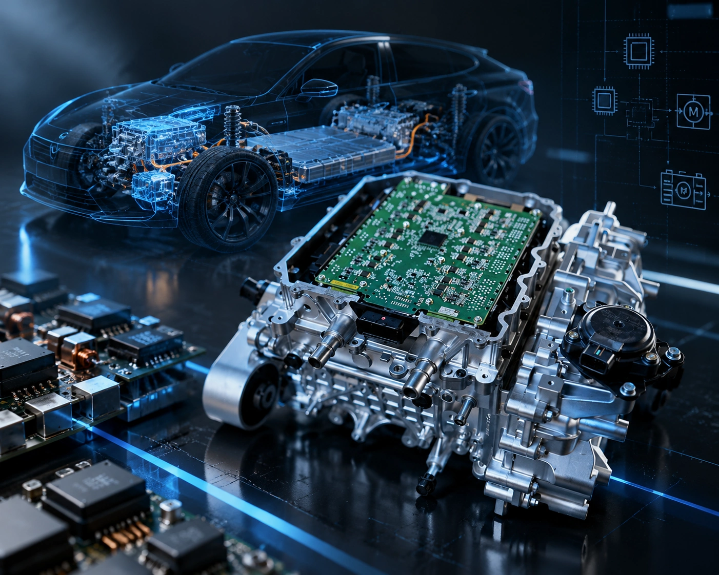 Electric vehicle structure and a close view of an automotive electronic control unit.