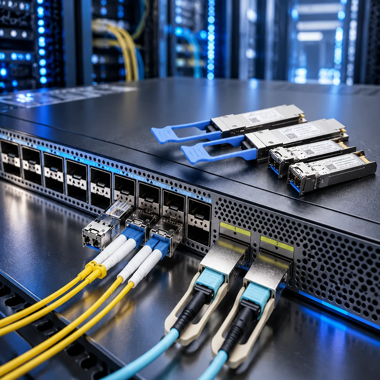 Network switch with fiber-optic transceivers and connected cables.
