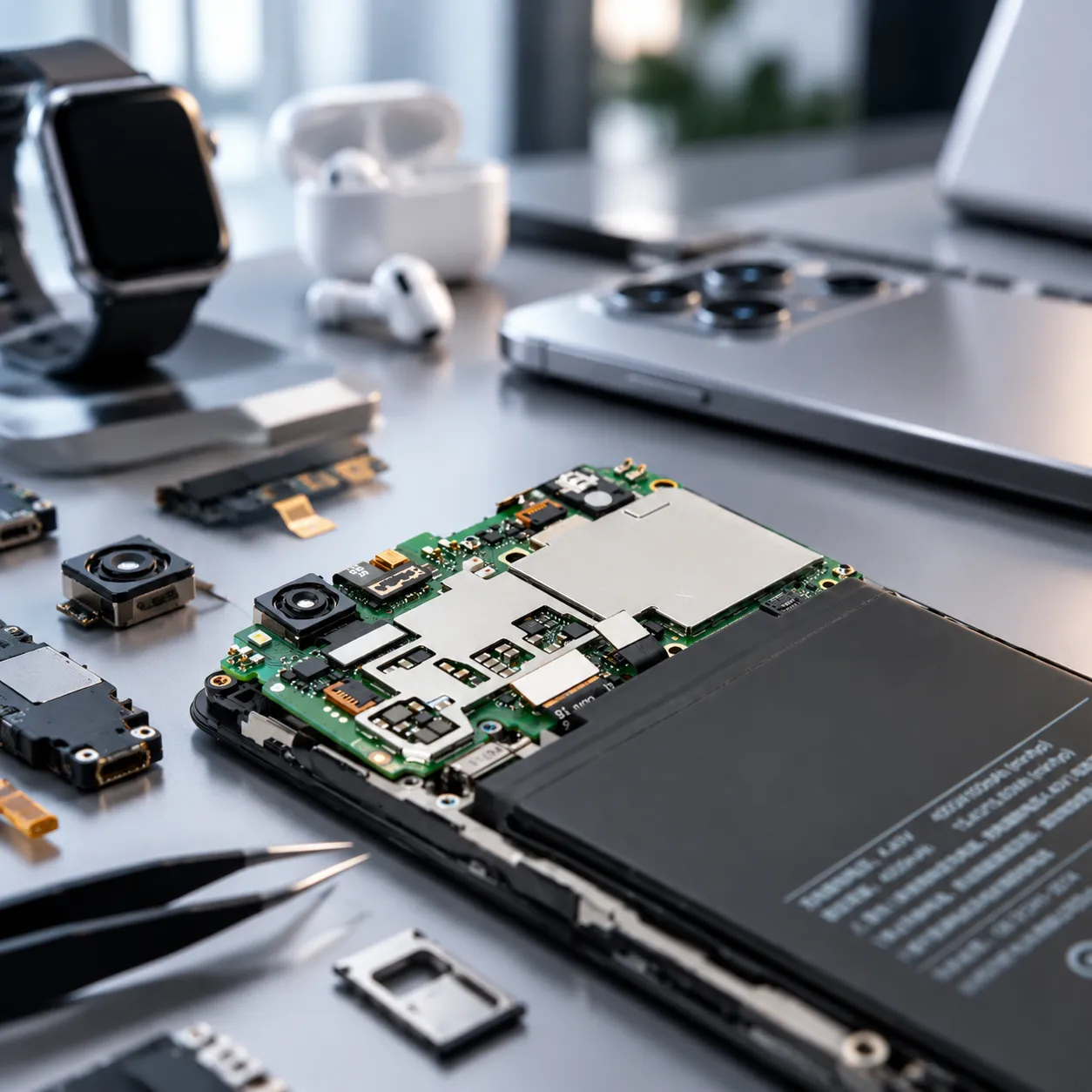 Opened smartphone showing its circuit board and battery, with a smartwatch and wireless earbuds nearby.