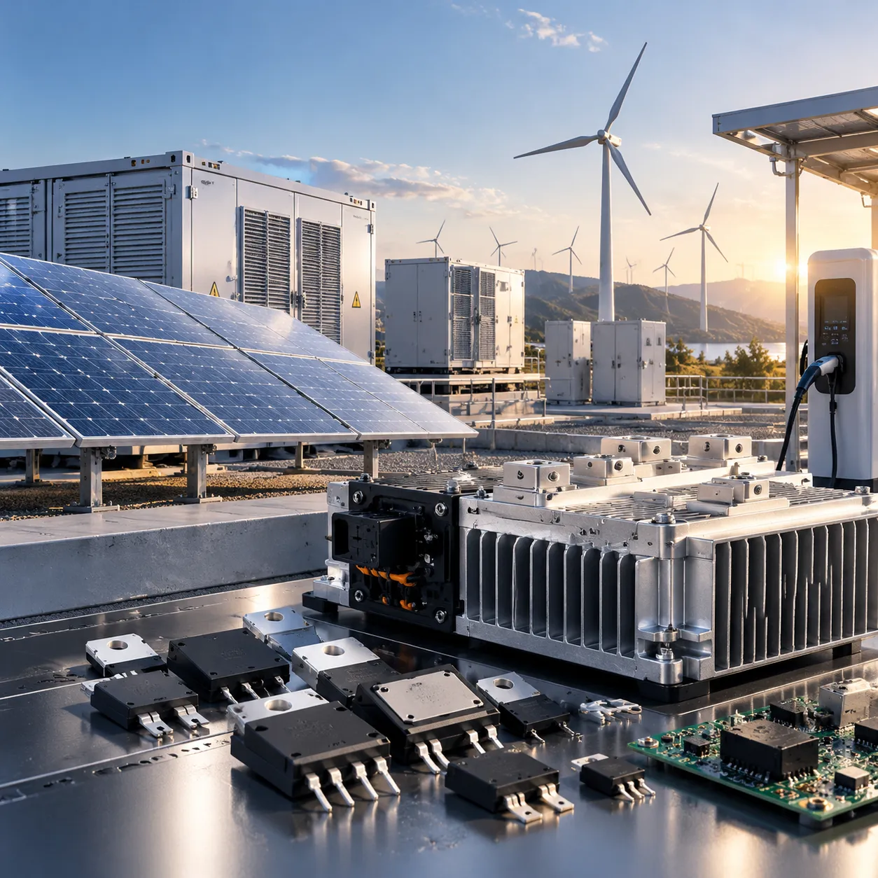 Solar panels, wind turbines, charging equipment, and power-conversion hardware.
