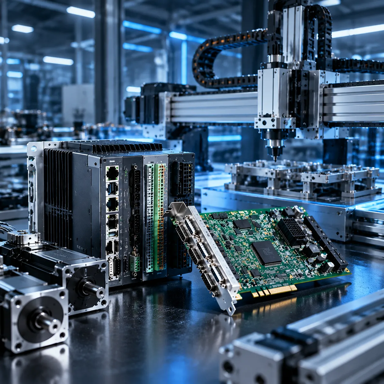 Industrial automation equipment with a controller, motion hardware, and a printed circuit board.