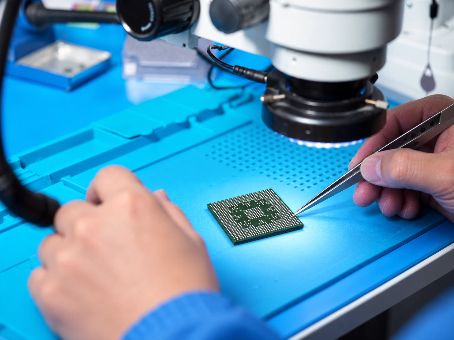 A component being examined under a microscope