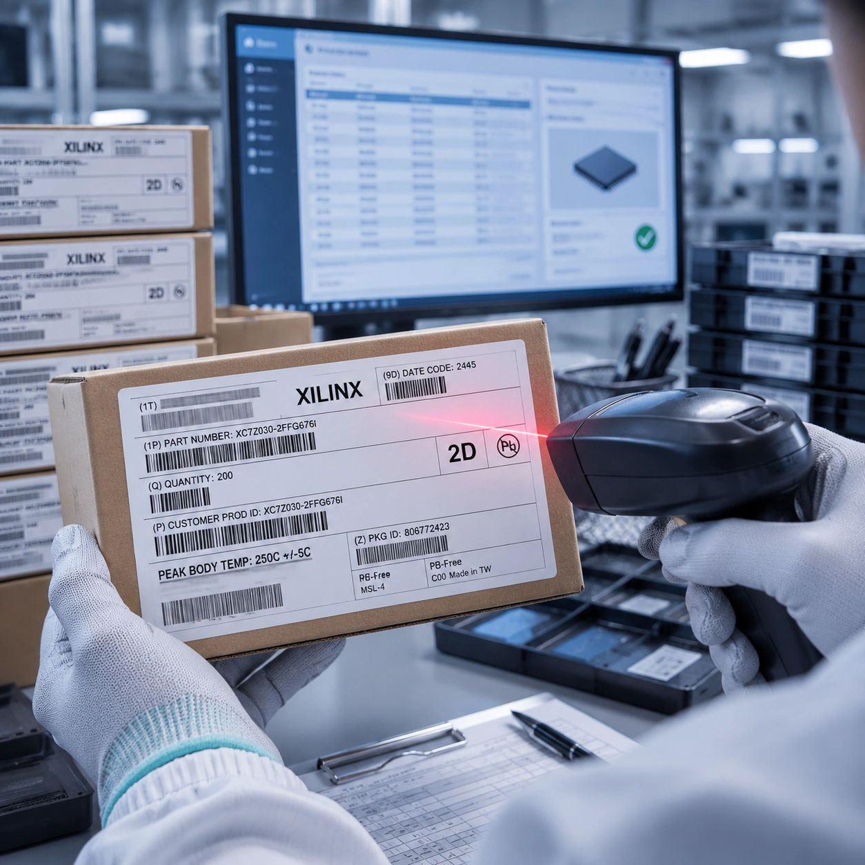 Illustration of a barcode scanner reviewing an electronic component package label