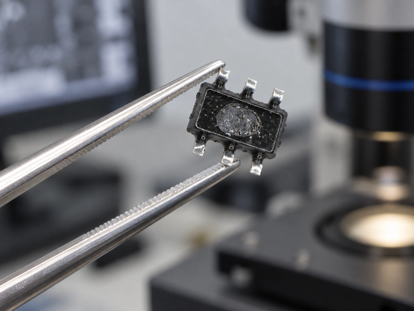 Tweezers holding a decapsulated electronic component with its internal structure exposed