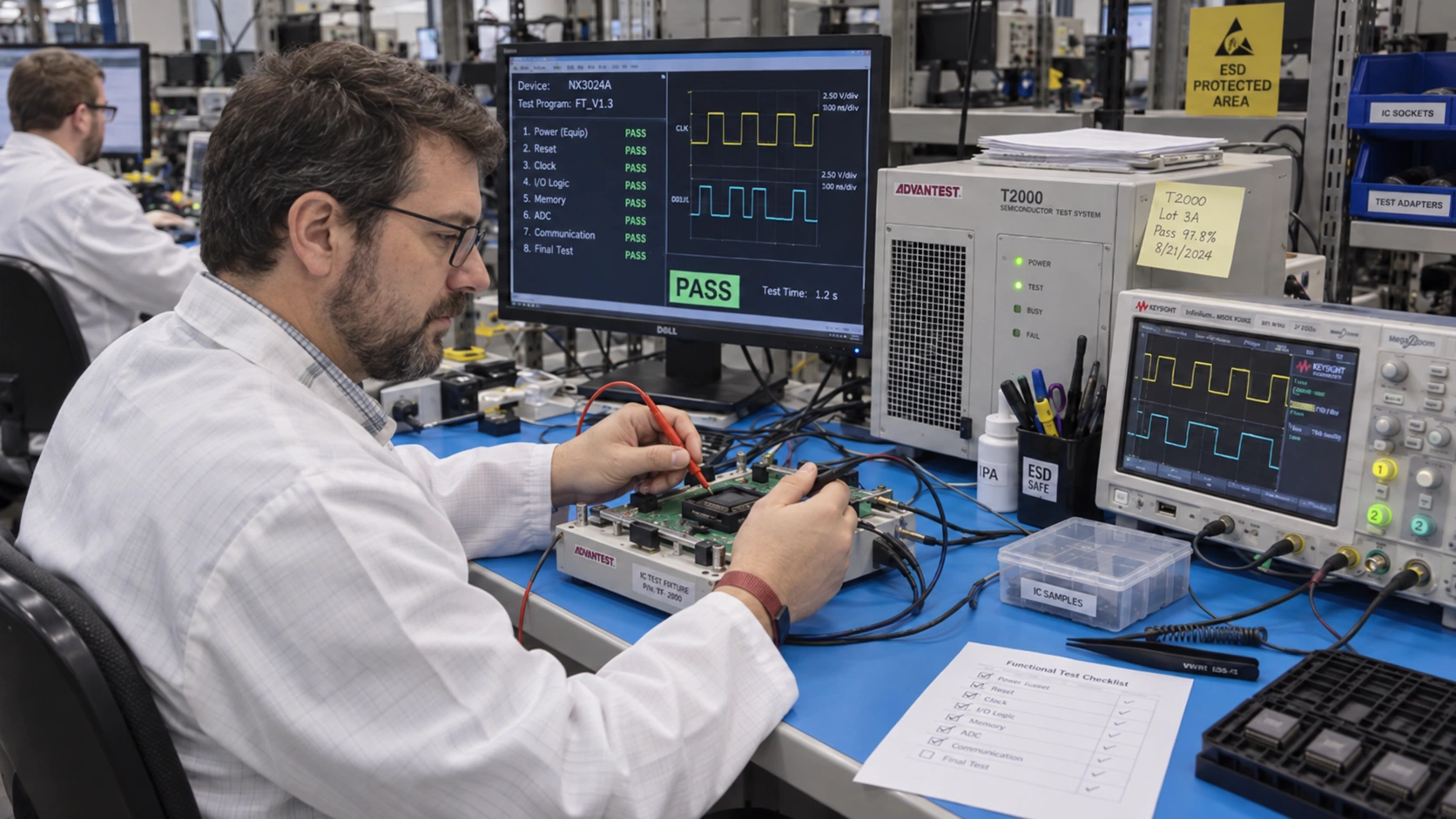 A technician using probes, a test fixture, and an oscilloscope for electrical component testing