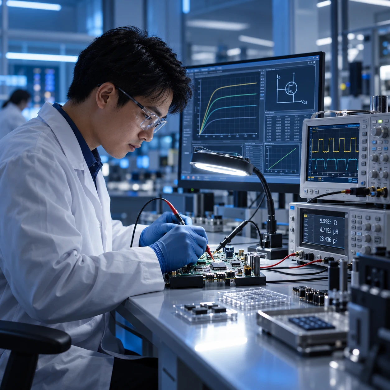 Illustration of an engineer measuring an electronic circuit at a lab bench