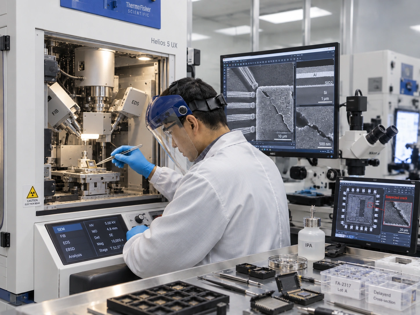 A technician examining an electronic component with microscopy equipment and microstructure images on the displays