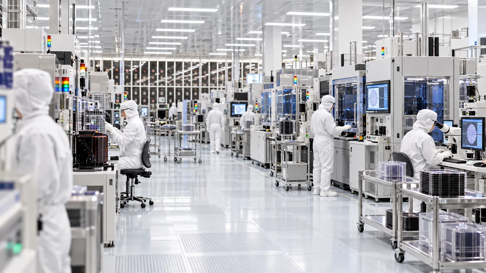 Testing equipment and technicians in a cleanroom environment