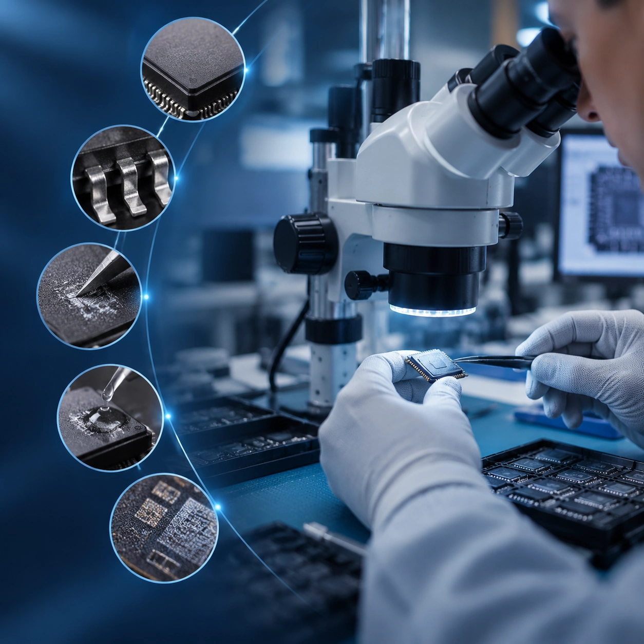 Illustration of an electronic component examined under a microscope
